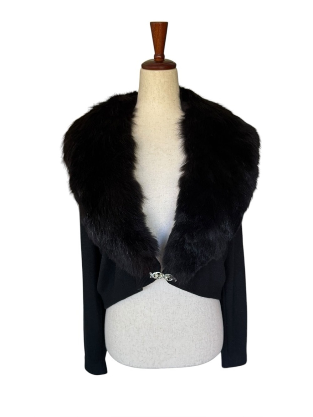 Vintage 1950s Monrose Black Cardigan Sweater with Plush Fox Fur Collar Large